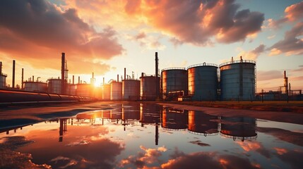 Close-up industrial view of oil refinery plant at sunrise