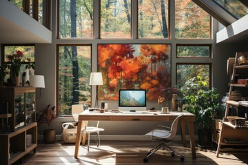 A home office bathed in natural light, with a minimalist desk, modern ergonomic chair, and a gallery wall of motivational artwork - obrazy, fototapety, plakaty