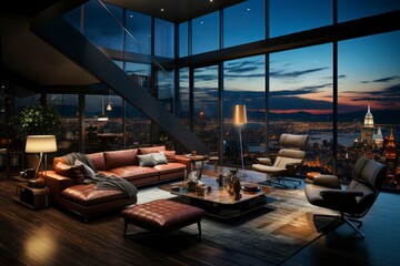 A luxurious and modern living room with sleek leather furniture, floor-to-ceiling windows offering a panoramic city view, and contemporary art adorning the walls