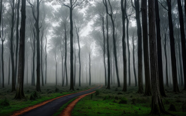 Roadway in the dark forest surrounded by trees and thick fog