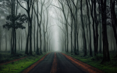 Obraz premium Roadway in the dark forest surrounded by trees and thick fog