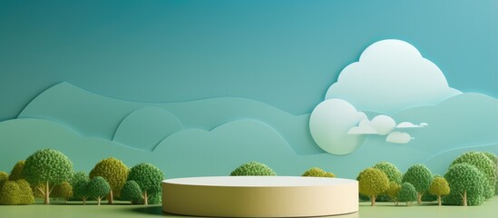 Summer landscape with paper cutout blue sky and wood podium for product display