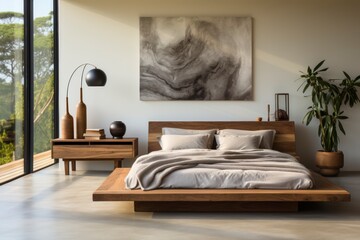 A minimalist bedroom with a platform bed, clean lines, and neutral tones, creating a serene and tranquil atmosphere