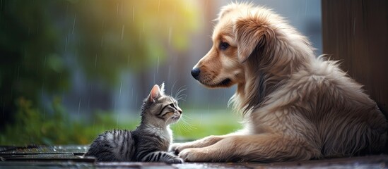 Stray dog and cat showing affection on the street