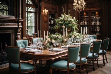 Fototapeta na wymiar An elegant and traditional dining room with a grand chandelier, upholstered chairs, and a polished mahogany dining table set for a formal dinner