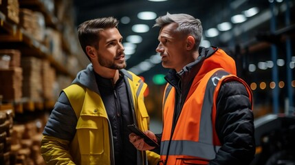 Fototapeta premium Young man discussing with colleague over machinery in industry 