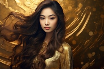 The natural beauty of an Asian girl behind a golden dress generative ai