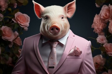 Cute funny anthropomorphic piggy in clothes. Pink mood concept. Portrait with selective focus and copy space