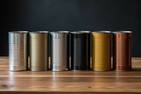 Tin cans with canned food. Background with selective focus and copy space