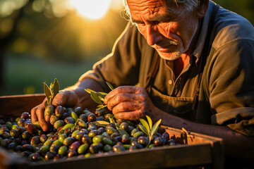 Aesthetic image of traditional olive harvest - obrazy, fototapety, plakaty