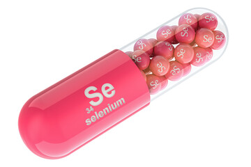 Vitamin capsule Se, selenium. 3D rendering isolated on transparent background