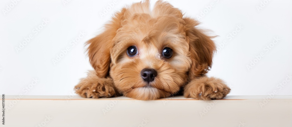 Sticker Healthy and happy Maltipoo posing in a studio shot with kind eyes and brown fur conveying friendliness love care and animal health