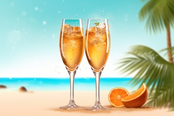 Two glasses of carbonated drink with orange slices on the ocean at summer sunset. Tropical travel concept.