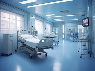 Empty modern hospital corridor, clinic hallway interior background with white chairs for patients waiting for doctor visit. Contemporary waiting room in medical office. Healthcare services concept