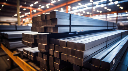 Metal blanks in the Ferrous metallurgy factory warehouse. Metal processing plant and billets industry. Tubing pile for production. 