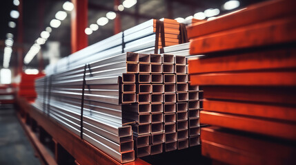Metal blanks in the Ferrous metallurgy factory warehouse. Metal processing plant and billets industry. Tubing pile for production.  - obrazy, fototapety, plakaty