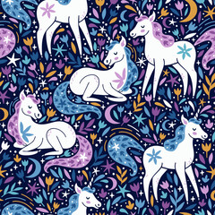 Vector seamless pattern with unicorns, flowers, stars and moon. Cute childish repeated texture with fairytale animals. Cartoon unicorns. Fantasy print for kids clothing and fabric.