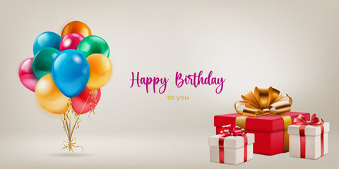 Festive birthday illustration with a bunch of colored helium balloons, several gift boxes with ribbons and bows and inscription Happy Birthday to you on light background