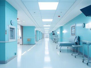 Empty modern hospital corridor, clinic hallway interior background with white chairs for patients waiting for doctor visit. Contemporary waiting room in medical office. Healthcare services concept