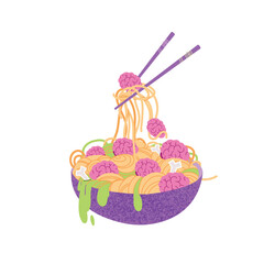 Scary Halloween food of meatballs with monster eyes and pasta with  sauce in a on the in a bowl close-up.