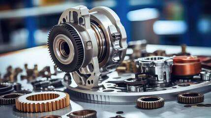 Closeup metal transmission gear part on workbench at repair factory station, fix service, maintenance. Mechanical Engineering Concept, Vehicle part detail. Metal gear mechanism.  - obrazy, fototapety, plakaty