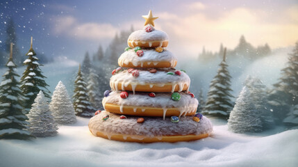 Christmas background.giant donuts with frosting in the winter forest. sweet world on christmas eve