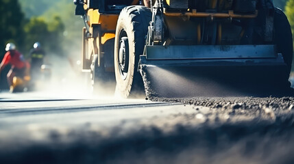 Asphalt paving with special equipment. Replacement and repair of roadbed on city streets. Repair of roads, asphalt roller.  - obrazy, fototapety, plakaty