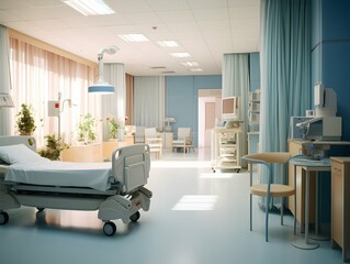 Empty modern hospital corridor, clinic hallway interior background with white chairs for patients waiting for doctor visit. Contemporary waiting room in medical office. Healthcare services concept