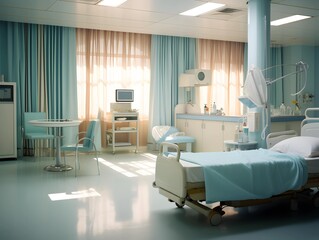 Empty modern hospital corridor, clinic hallway interior background with white chairs for patients waiting for doctor visit. Contemporary waiting room in medical office. Healthcare services concept