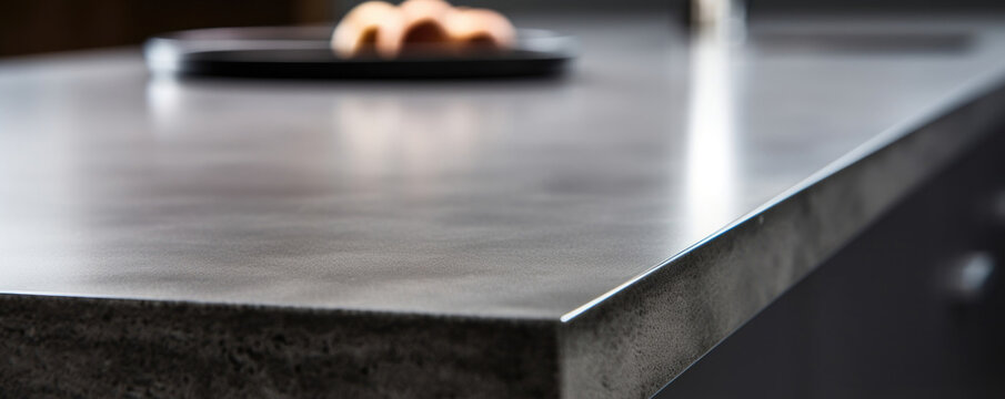 Closeup of a polished concrete countertop, with a sleek and seamless surface that is resistant to heat and scratches. The color is a rich, deep grey with subtle flecks of light.