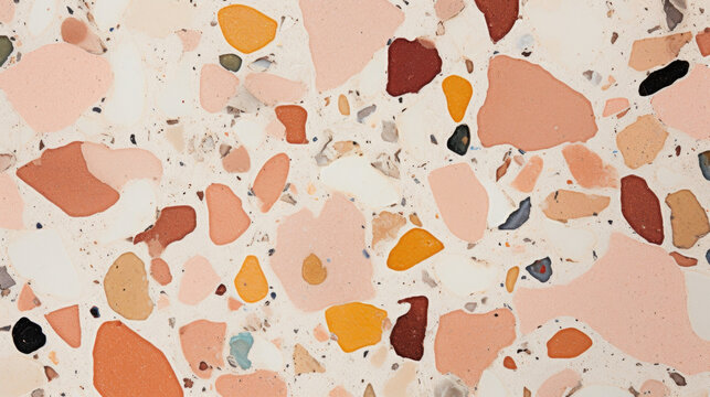 Texture of terrazzo concrete with a terracotta tint, featuring a random pattern of multicolored aggregates that give it a rustic and natural appearance.