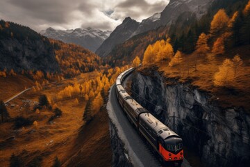 Embark on a scenic train journey through the rugged wilderness of Canada and Alaska. The historic White Pass route offers stunning landscapes and a glimpse into American history. - obrazy, fototapety, plakaty