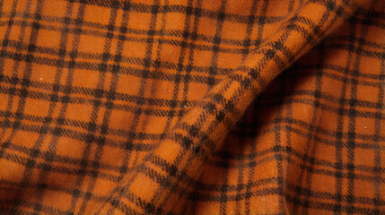 Co texture of tweed fabric, featuring a blend of warm oranges and earthy browns in a checkered pattern, ideal for outdoor apparel.