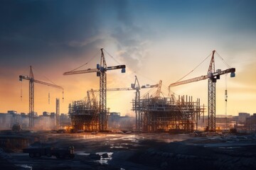 Fototapeta na wymiar At the construction site, amidst the beautiful sunset, the skilled teamwork, modern machinery, and towering steel structures symbolize progress and innovation in urban development