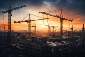 At the construction site, amidst the beautiful sunset, the skilled teamwork, modern machinery, and towering steel structures symbolize progress and innovation in urban development
