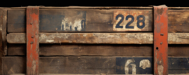 Closeup of a weathered wooden crate, once used to transport goods across the country. The faded lettering and rough edges tell the story of its long journey.