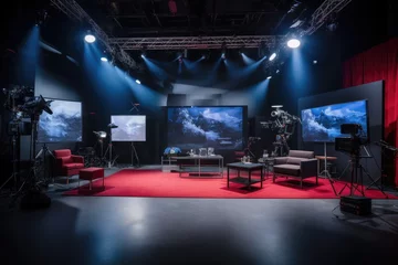 Foto op Aluminium Studio interior for news broadcasting, vector empty placement with anchorman table on pedestal, digital screens for video presentation and neon glowing illumination. Realistic breaking news studio © Marija