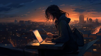 Cool Lofi Girl studying at her desk. Rainy or cloudy outside, beautiful chill, atmospheric wallpaper. 4K streaming background. lo-fi, hip-hop style. Anime manga style. - obrazy, fototapety, plakaty