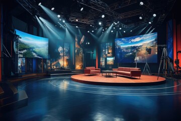 Studio interior for news broadcasting, vector empty placement with anchorman table on pedestal, digital screens for video presentation and neon glowing illumination. Realistic breaking news studio - obrazy, fototapety, plakaty