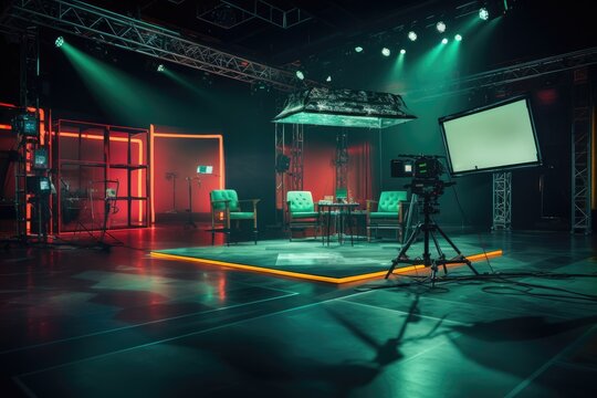 Studio interior for news broadcasting, vector empty placement with anchorman table on pedestal, digital screens for video presentation and neon glowing illumination. Realistic breaking news studio