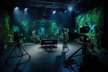 Studio interior for news broadcasting, vector empty placement with anchorman table on pedestal, digital screens for video presentation and neon glowing illumination. Realistic breaking news studio