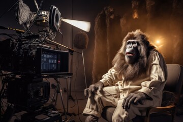 Monkey in TV studio - obrazy, fototapety, plakaty