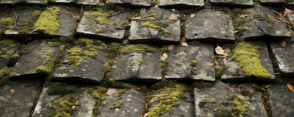 Closeup of Antique Slate Roof Tiles Aged and cracked, with hints of moss and lichen growing in between the tiles, adding a unique charm to the texture.