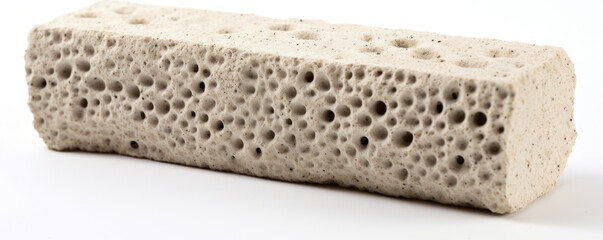 Texture of a pumice stone with a porous surface, covered in tiny pores that give it a spongy feel. Its light weight and ability to float on water make it ideal for use in baths and showers. - obrazy, fototapety, plakaty