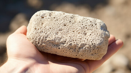 Closeup of a pumice stone with a porous surface, showcasing its craggy and porous texture that resembles a sponge. Its ability to absorb and retain moisture makes it useful for smoothing - obrazy, fototapety, plakaty