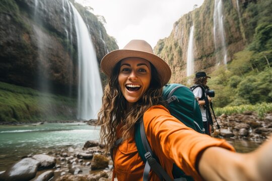 The joy of a female hiker capturing a picture at a waterfall location generative ai