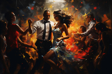 Naklejka premium Dynamic Nightclub Revelers Engaged in Vibrant Dance Moves