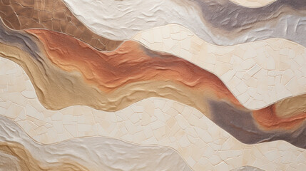 Closeup of a beautiful faience texture, with a fusion of warm earth tones and subtle metallic accents. The handpainted design is intricate yet balanced, creating a unique and eyecatching