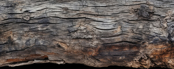 Closeup of thick, weathered bark with a dark, patchy pattern and peeling edges.