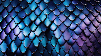 Closeup of a fishs scales, arranged in rows like armor plating. The coloration is an intense deep blue, with hints of purple and black. The scales are thick and sy, providing a protective - obrazy, fototapety, plakaty